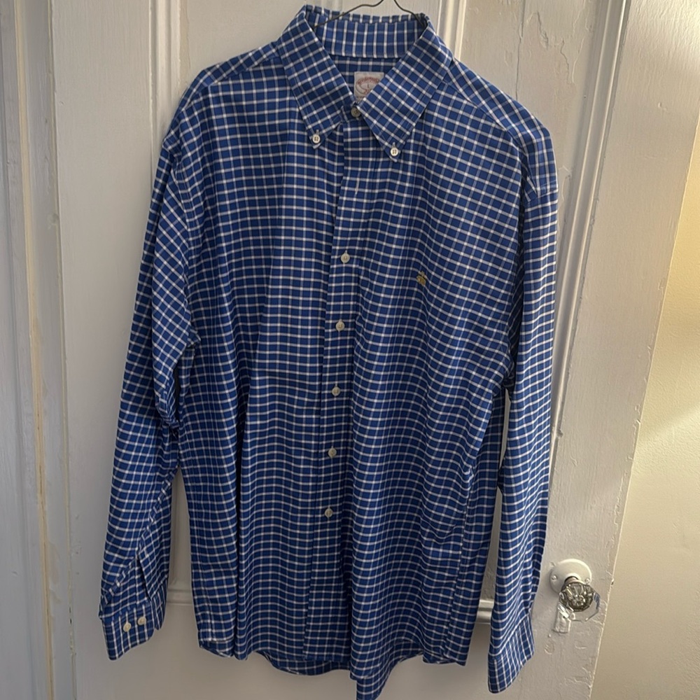 Men’s Large Brooks Brothers Dress Shirt Blue/Whitete Checkered w Yellow Logo